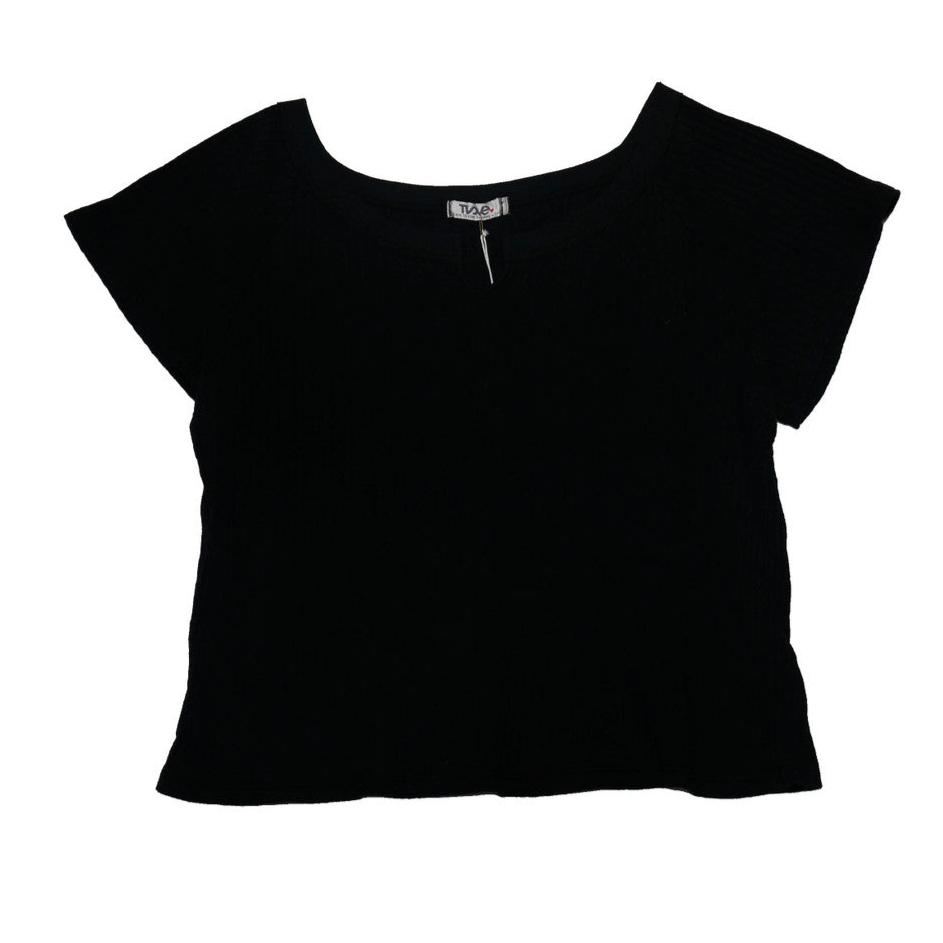 women's black tee with short torso and a v-shaped notch on the front of the neckline