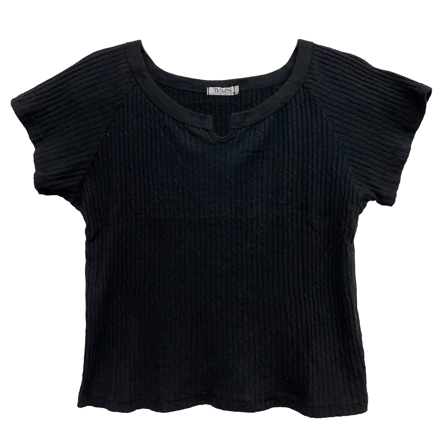 women's black ribbed-fabric tee with short torso and a v-shaped notch on the front of the neckline