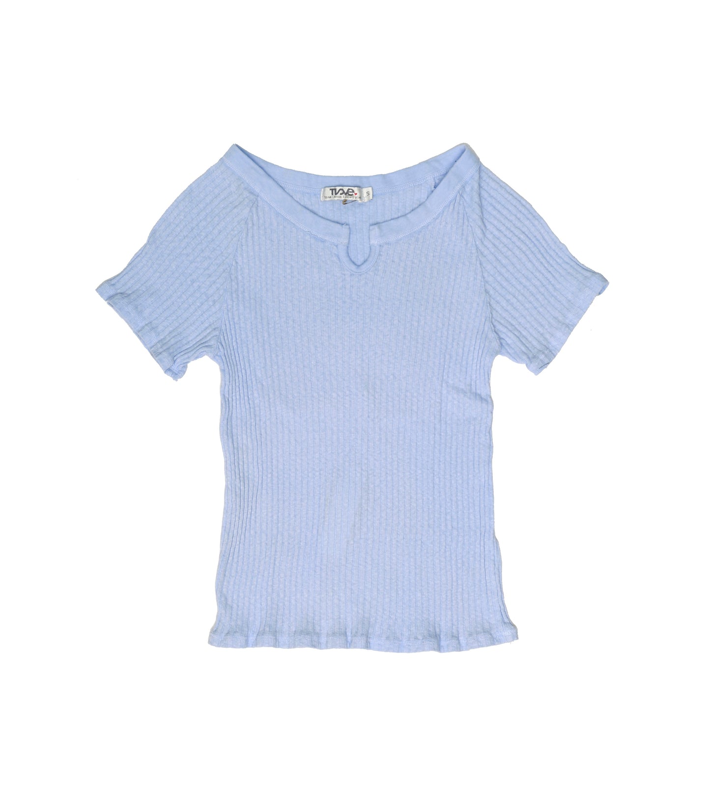 women's light blue ribbed-fabric tee with short torso and a v-shaped notch on the front of the neckline