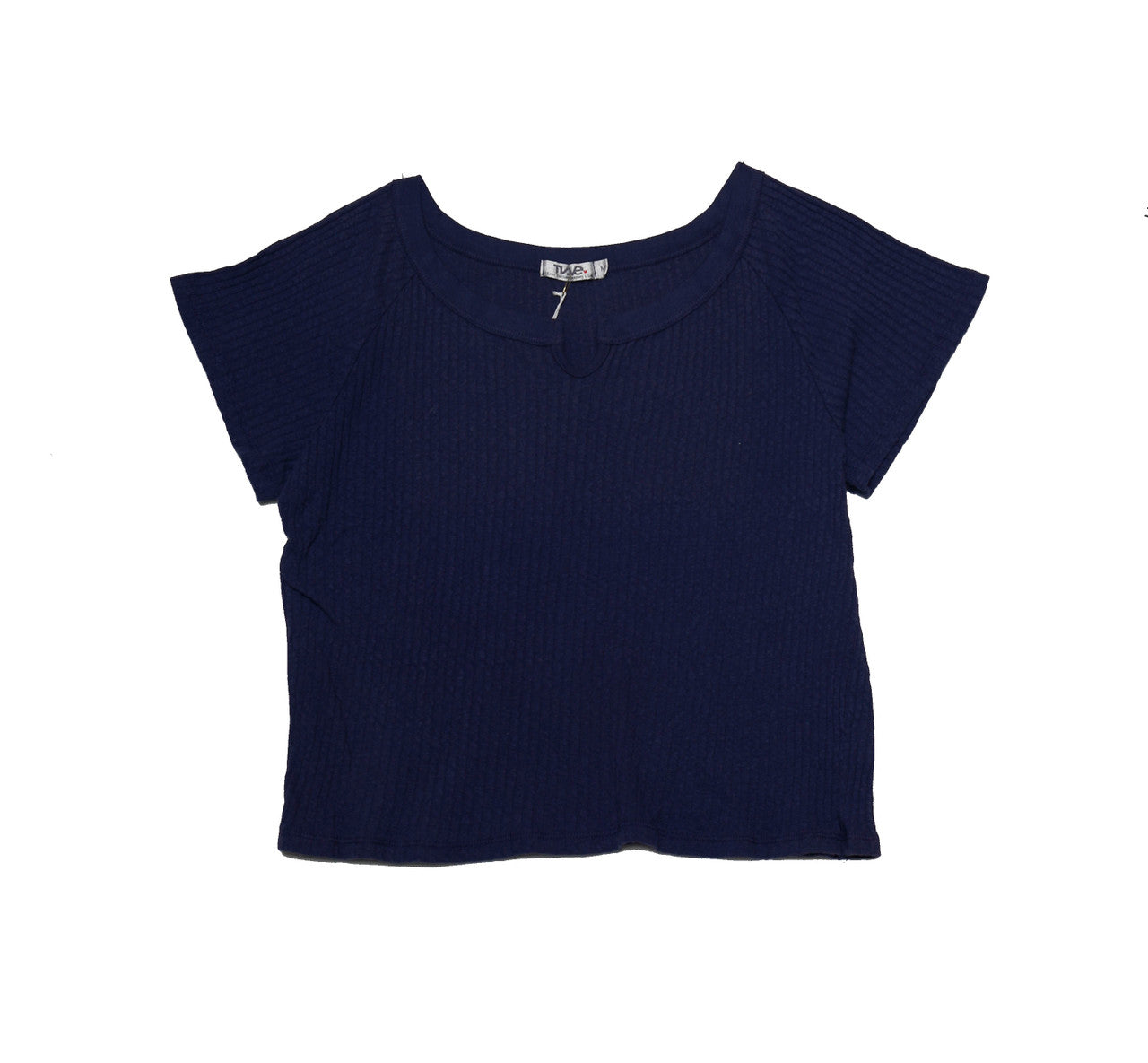 women's navy ribbed-fabric tee with short torso and a v-shaped notch on the front of the neckline