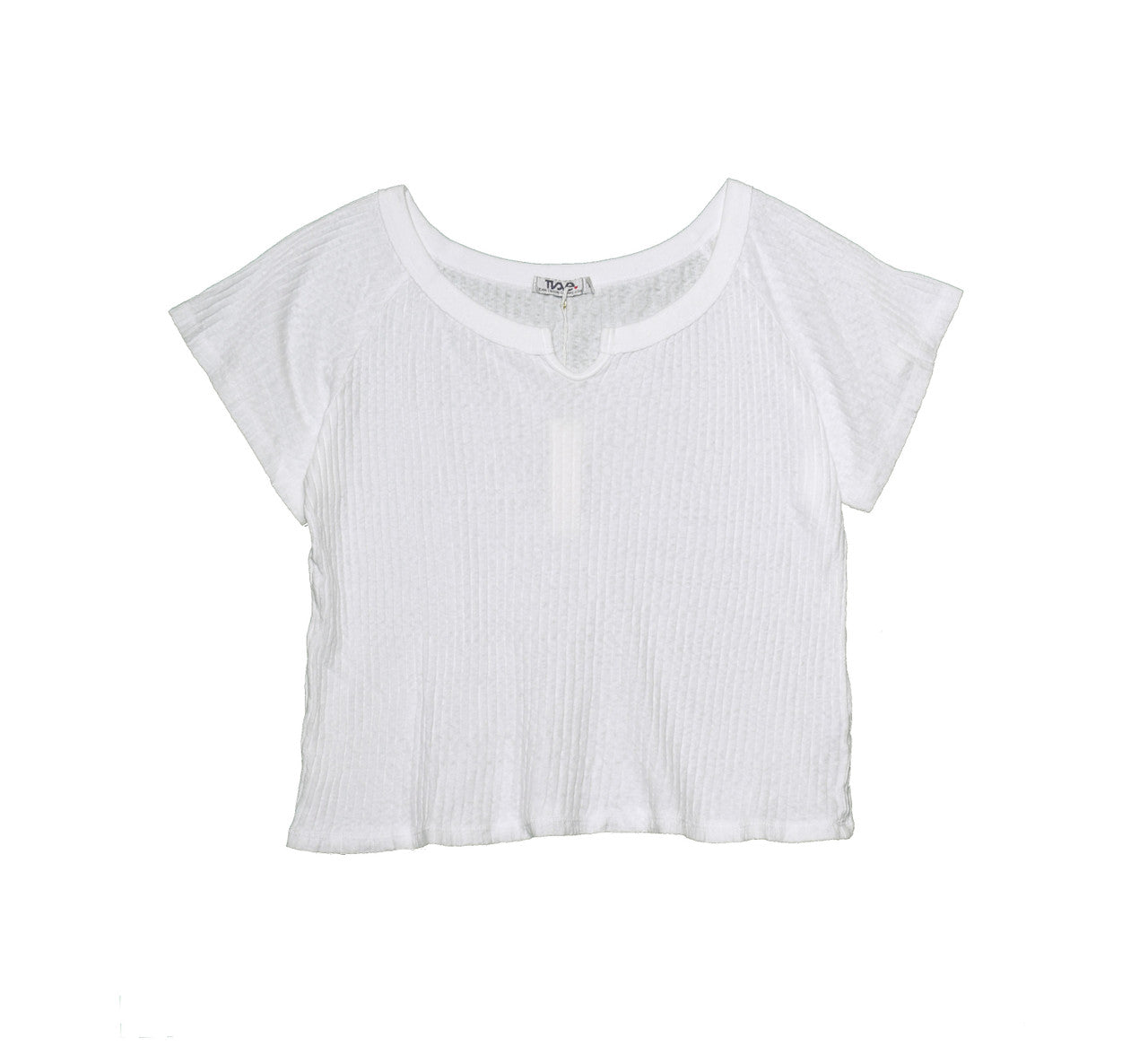 women's white ribbed-fabric tee with short torso and a v-shaped notch on the front of the neckline