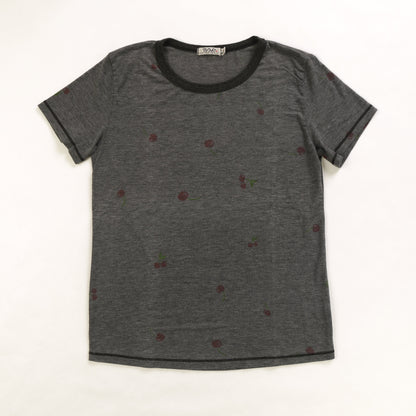 women's simple black t-shirt with single- and double-cherries spaced out and randomly distributed throughout the fabric