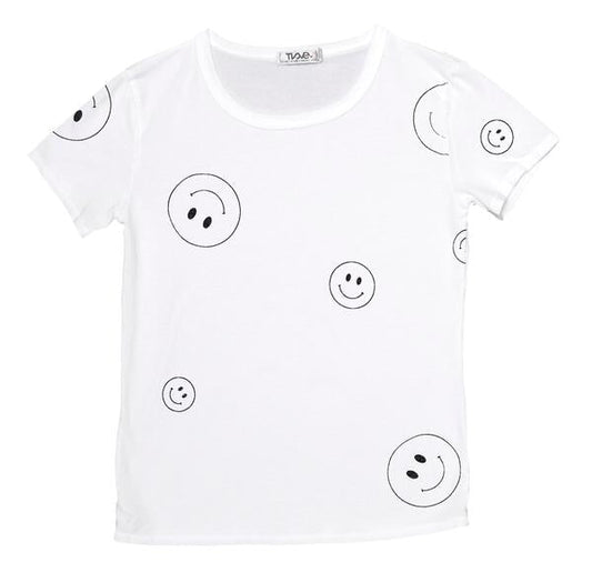 women's simple white t-shirt with larger and smaller happy faces spaced out and randomly distributed across the fabric