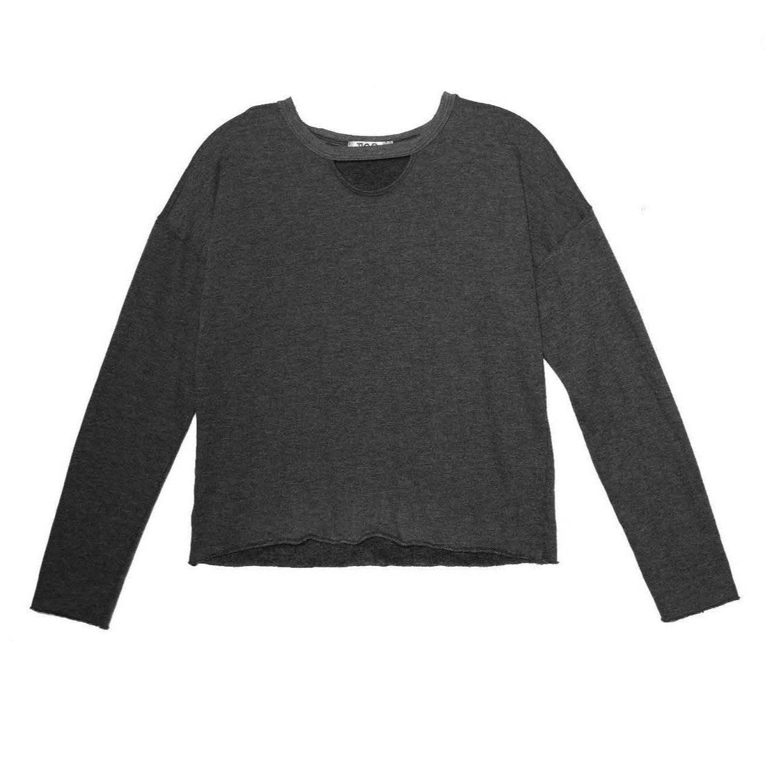 women's black looser-fit long-sleeved shirt with raw edges at the sleeves and bottom hem and a half-circle keyhole cutout right underneath the neckline