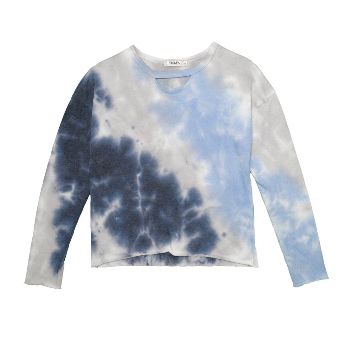 women's looser-fit long-sleeved shirt with raw edges at the sleeves and bottom hem and a half-circle keyhole cutout right underneath the neckline with navy blue, gray, and light blue tie-dye pattern