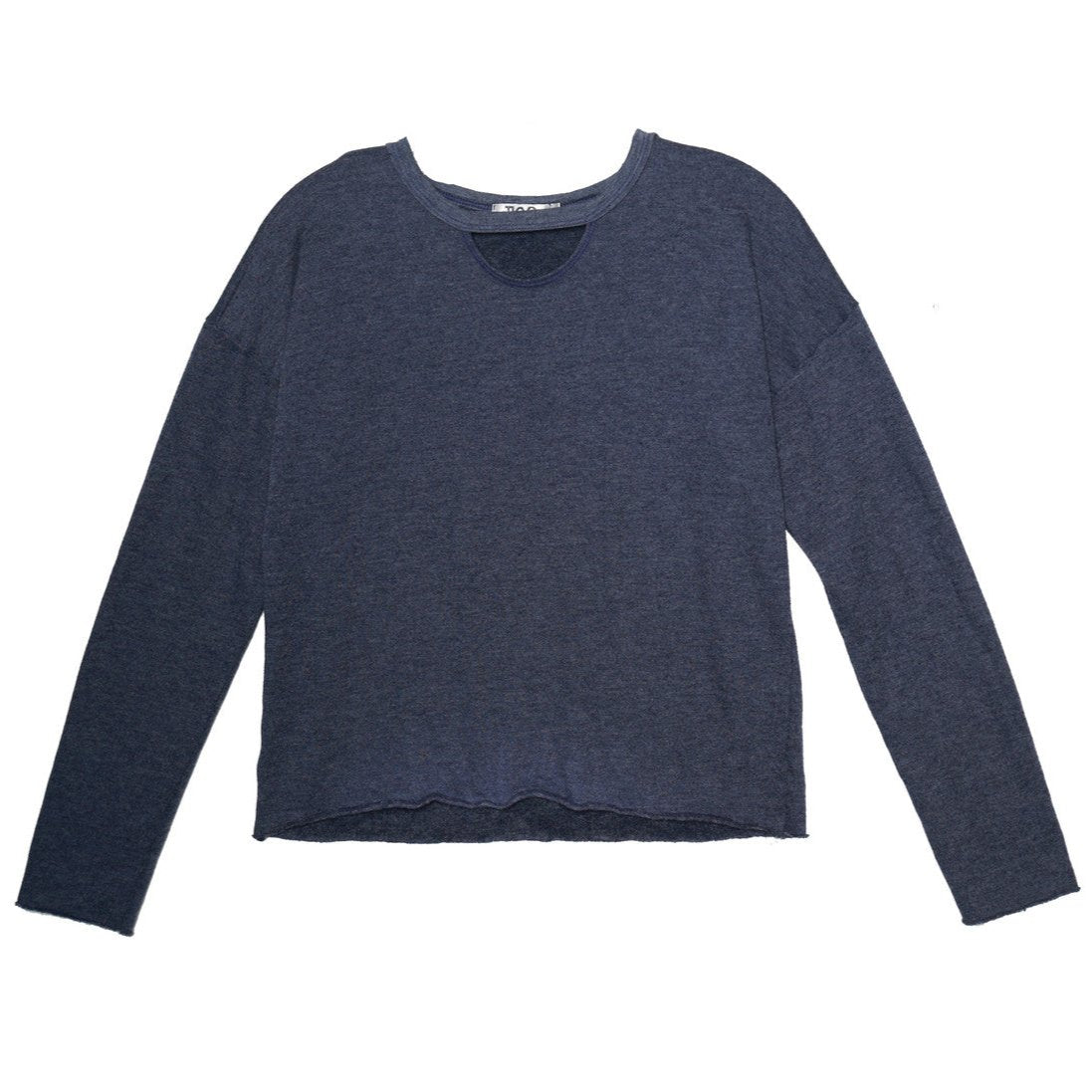 women's navy looser-fit long-sleeved shirt with raw edges at the sleeves and bottom hem and a half-circle keyhole cutout right underneath the neckline