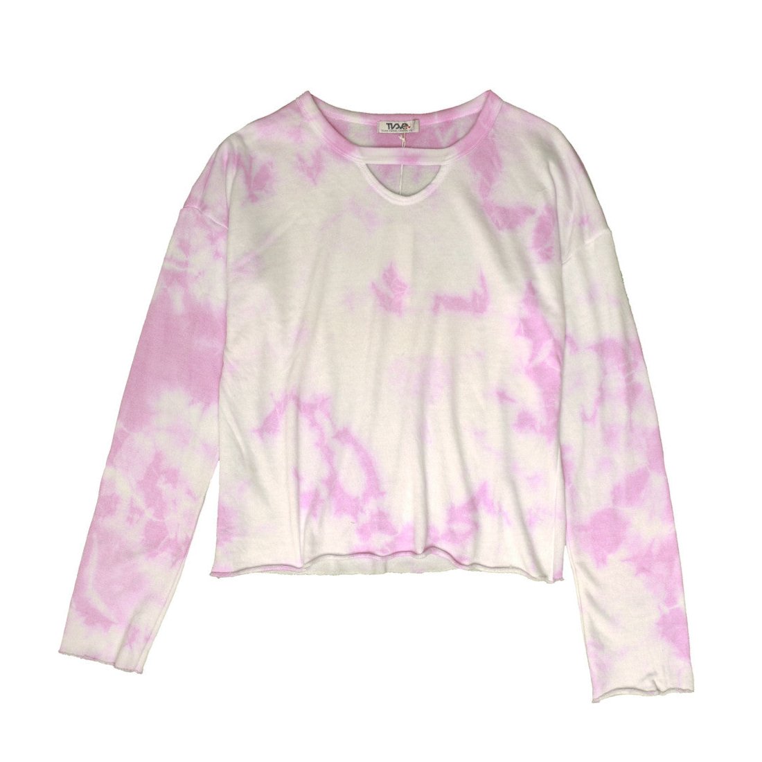 women's looser-fit long-sleeved shirt with raw edges at the sleeves and bottom hem and a half-circle keyhole cutout right underneath the neckline with pink tie-dye splotches on white-cream colored fabric