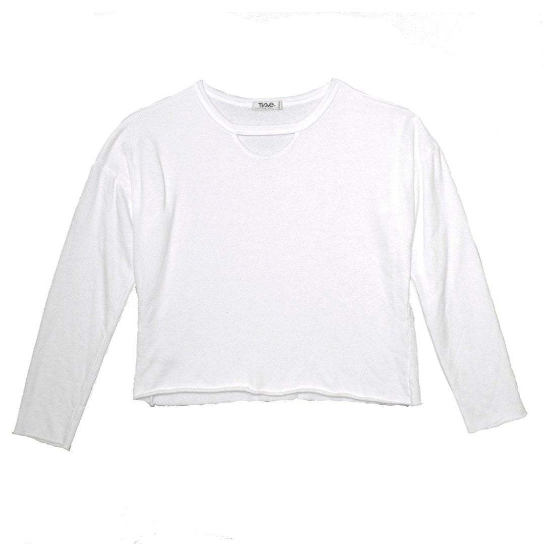 women's white looser-fit long-sleeved shirt with raw edges at the sleeves and bottom hem and a half-circle keyhole cutout right underneath the neckline