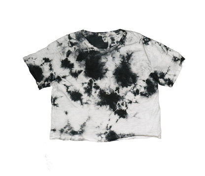 women's black tie-dye splotches on white fabric wide-fit t-shirt