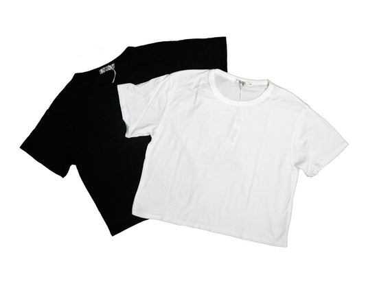 women's white wide-fit t-shirt in front of a black wide-fit t-shirt