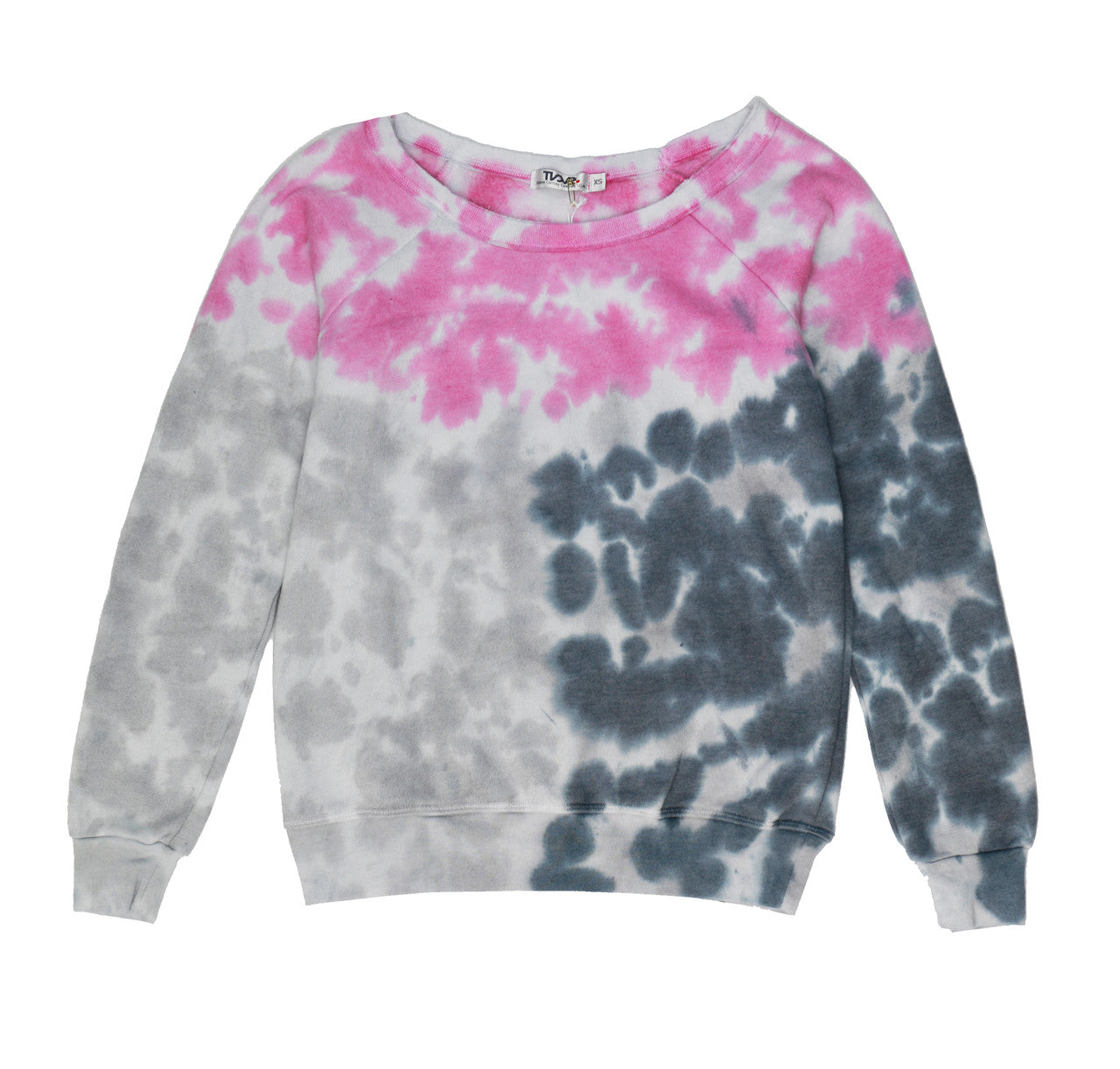 women's magenta tie-dye splotches on top half of the torso and sleeves, light gray tie-dye splotches on the bottom-half of the right sleeve and right bottom-half of the torso, and cyan-gray tie-dye splotches on the bottom-half of the left sleeve and left-bottom of the torso on white fabric sweatshirt with raw-edged neckline