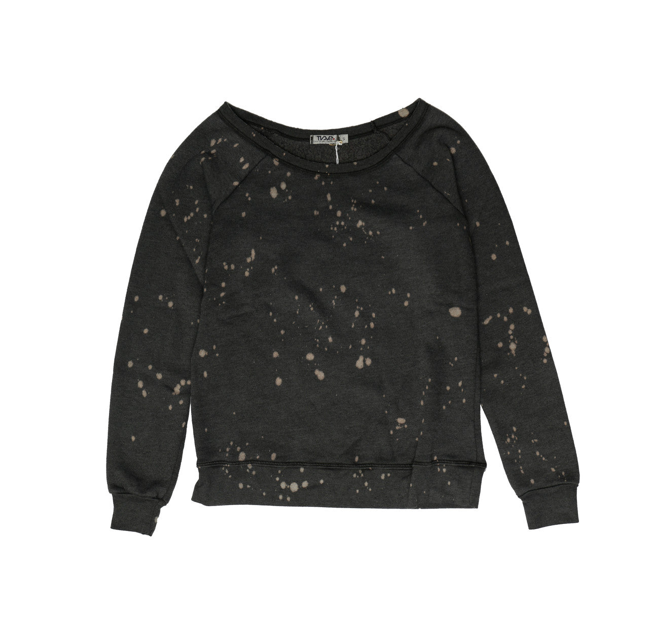 women's muted-orange spotted tie-dye on black fabric sweatshirt with raw-edged neckline