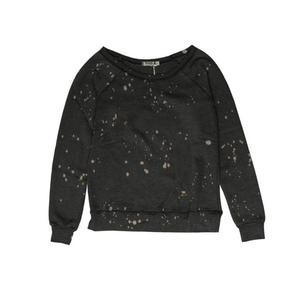 women's muted-orange spotted tie-dye on black fabric sweatshirt with raw-edged neckline