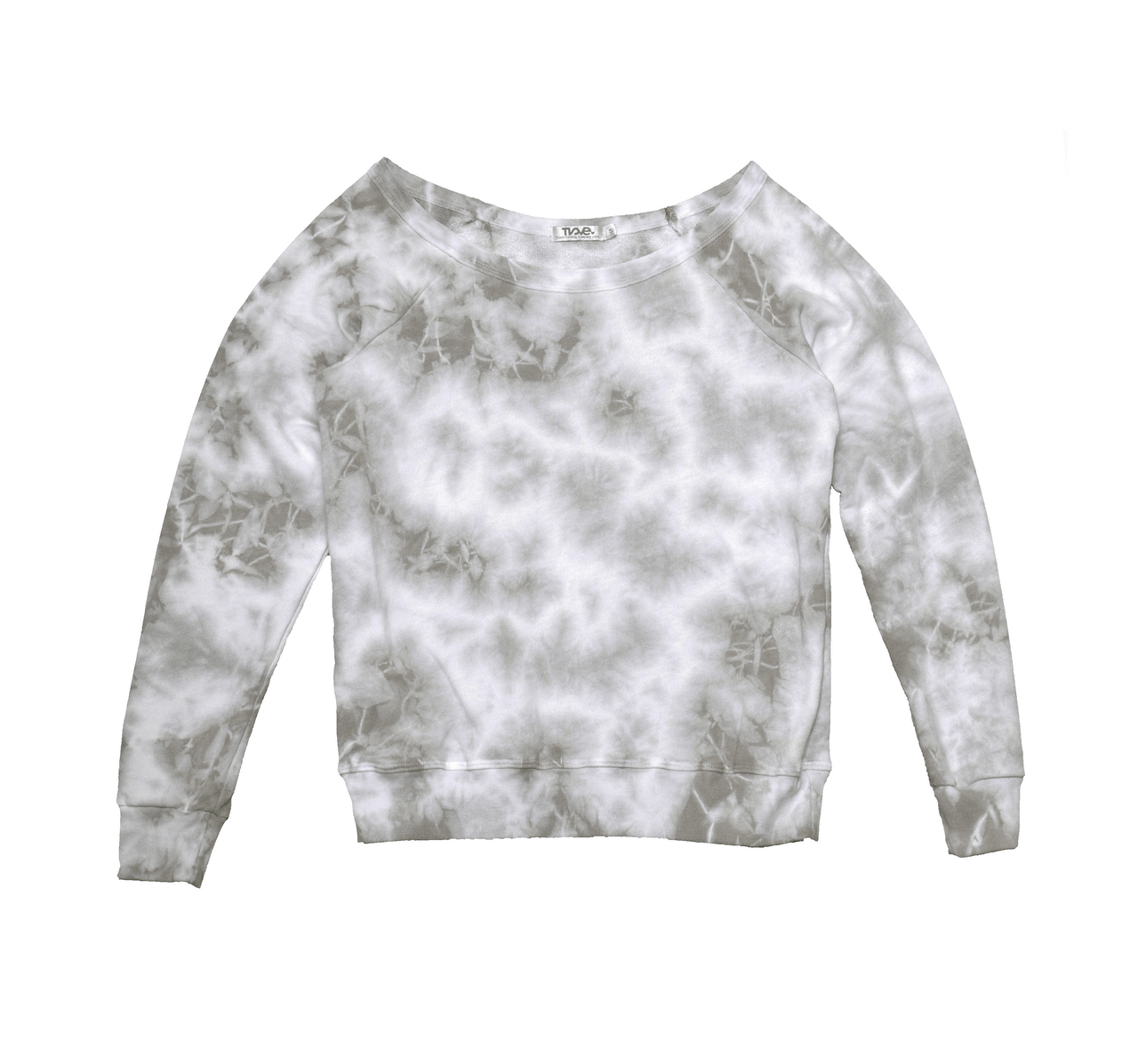 women's tan tie-dye splotches on white fabric sweatshirt with raw-edged neckline