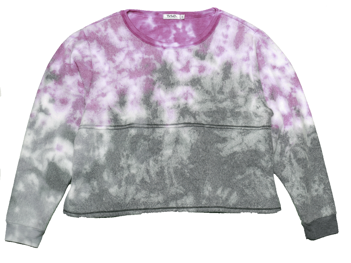 women's magenta tie-dye splotches on top half of the torso and sleeves, light gray tie-dye splotches on the bottom-half of the right sleeve and right bottom-half of the torso, and cyan-gray tie-dye splotches on the bottom-half of the left sleeve and left-bottom of the torso on white fabricwide-fitting fleece sweatshirt with cuffed long-sleeves and horizontal seam through the middle of the torso