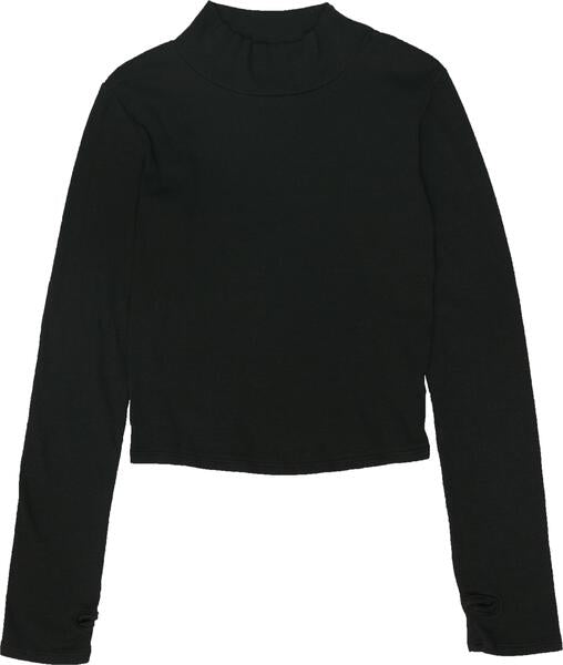 women's black mock turtle-neck closer-fitting long-sleeved shirt with thumbholes at the end of the sleeves with shorter torso