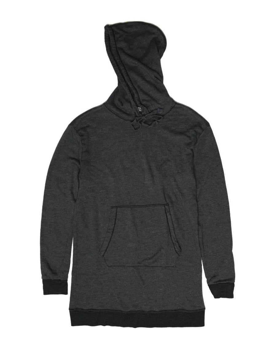 women's black oversized tunic-like hoodie sweater with drawstrings from the hood and front pouch pocket