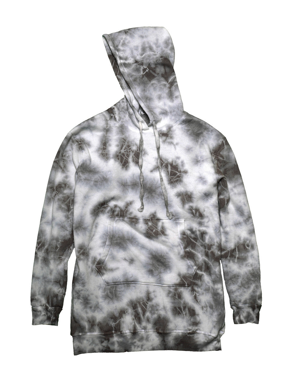 women's black tie-dye splotches on white fabric oversized tunic-like hoodie sweater with drawstrings from the hood and front pouch pocket