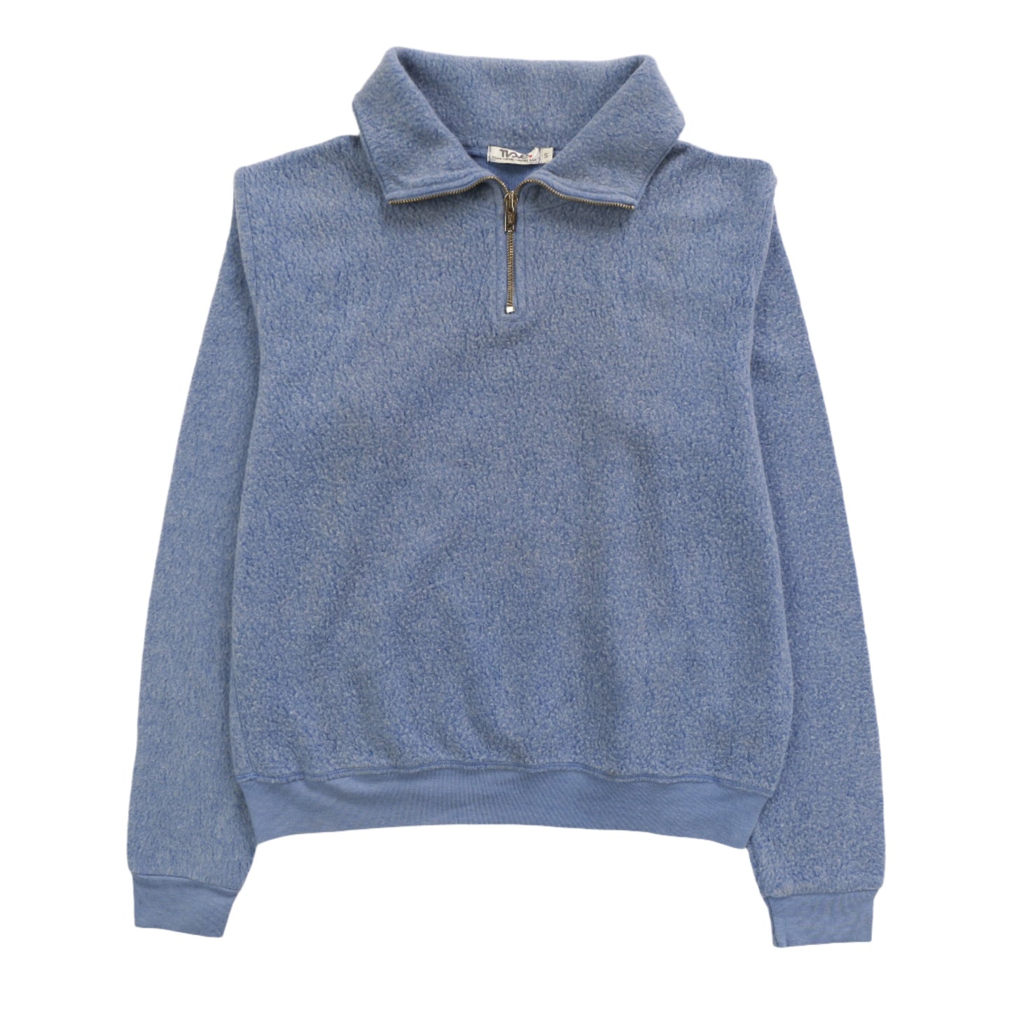 women's muted blue sweatshirt with collar and zipper running from the collar to the mid-top section of the shirt