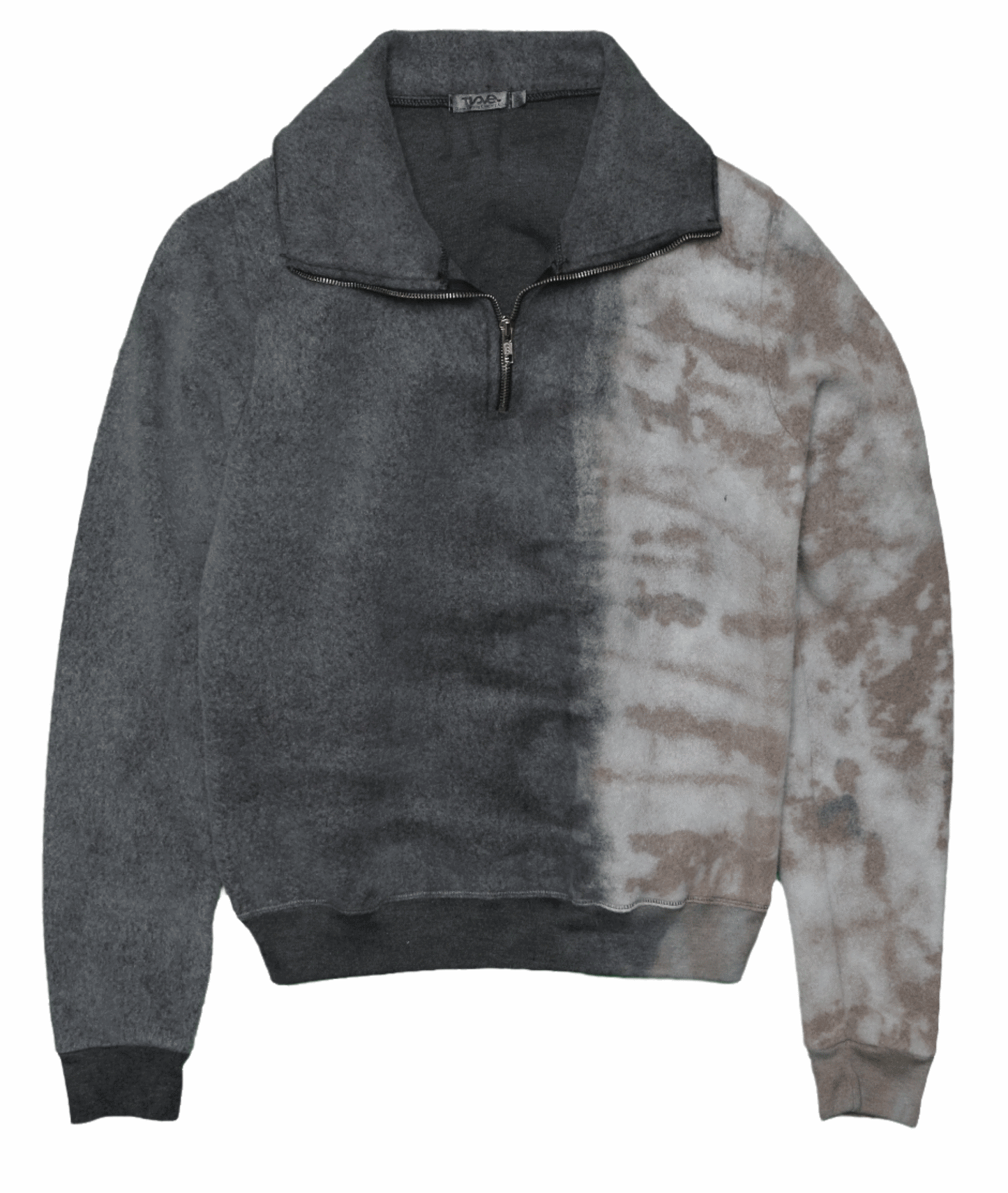 women's very dark gray on the right sleeve and the right 3/4 of the torso and tan-mocha spotted tie-dye on white fabric on the left sleeve and left 1/4 of the torso sweatshirt with collar and zipper running from the collar to the mid-top section of the shirt