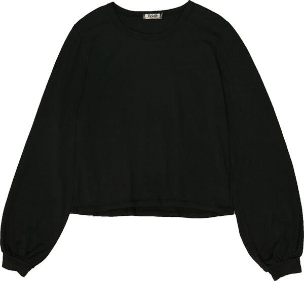 women's black loose-fitting shirt with long puffy sleeves with elastic cuffs at ends of the sleeve