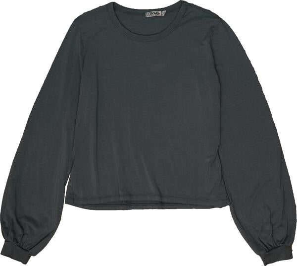 women's gray loose-fitting shirt with long puffy sleeves with elastic cuffs at ends of the sleeve