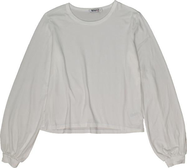 women's white loose-fitting shirt with long puffy sleeves with elastic cuffs at ends of the sleeve