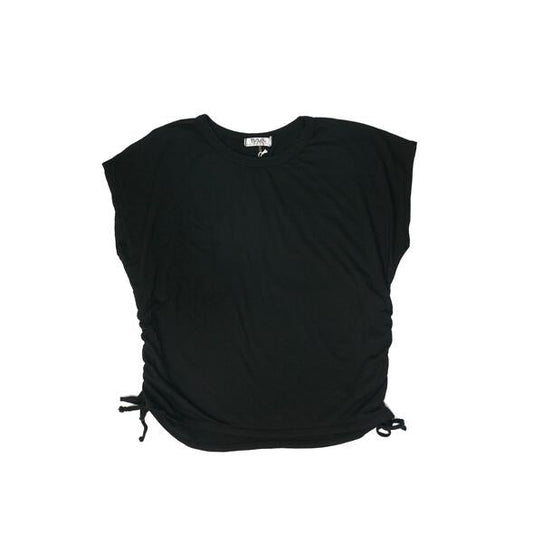 women's black short sleeve flush with the torso shirt with round bottom and drawstrings on the left and right sides of the torso tied into bows