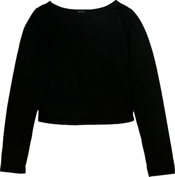 women's black very wide-necked closer-fitting long-sleeved shirt with shorter torso