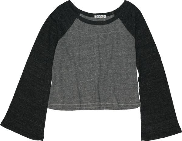 women's horizontal-textured fabric raglan looser-fitting shirt with charcoal gray sleeves and gray torso