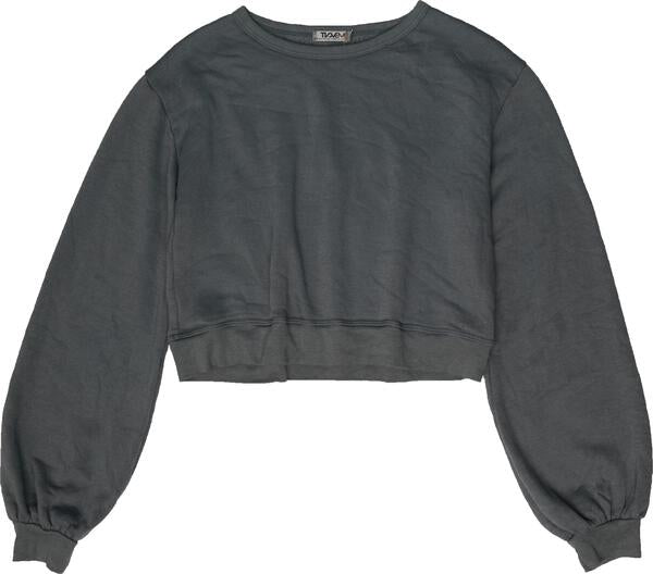 women's gray loose-fitting sweatshirt with long puffy sleeves with elastic cuffs at ends of the sleeve and bottom hem