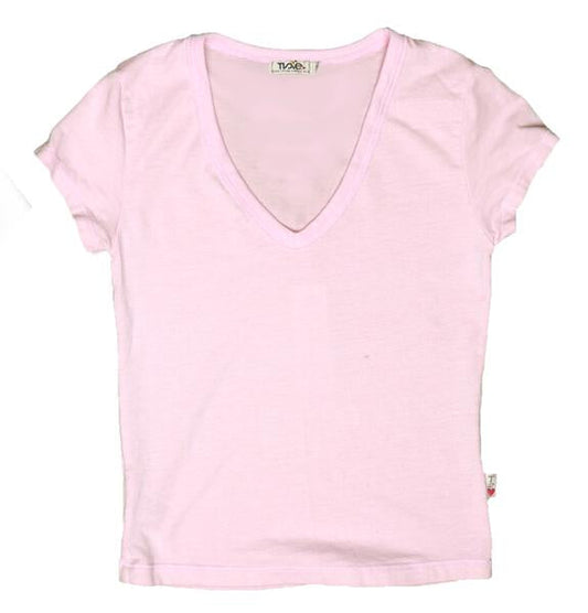 women's pink closer-fitting short cap-sleeve t-shirt with v-neckline