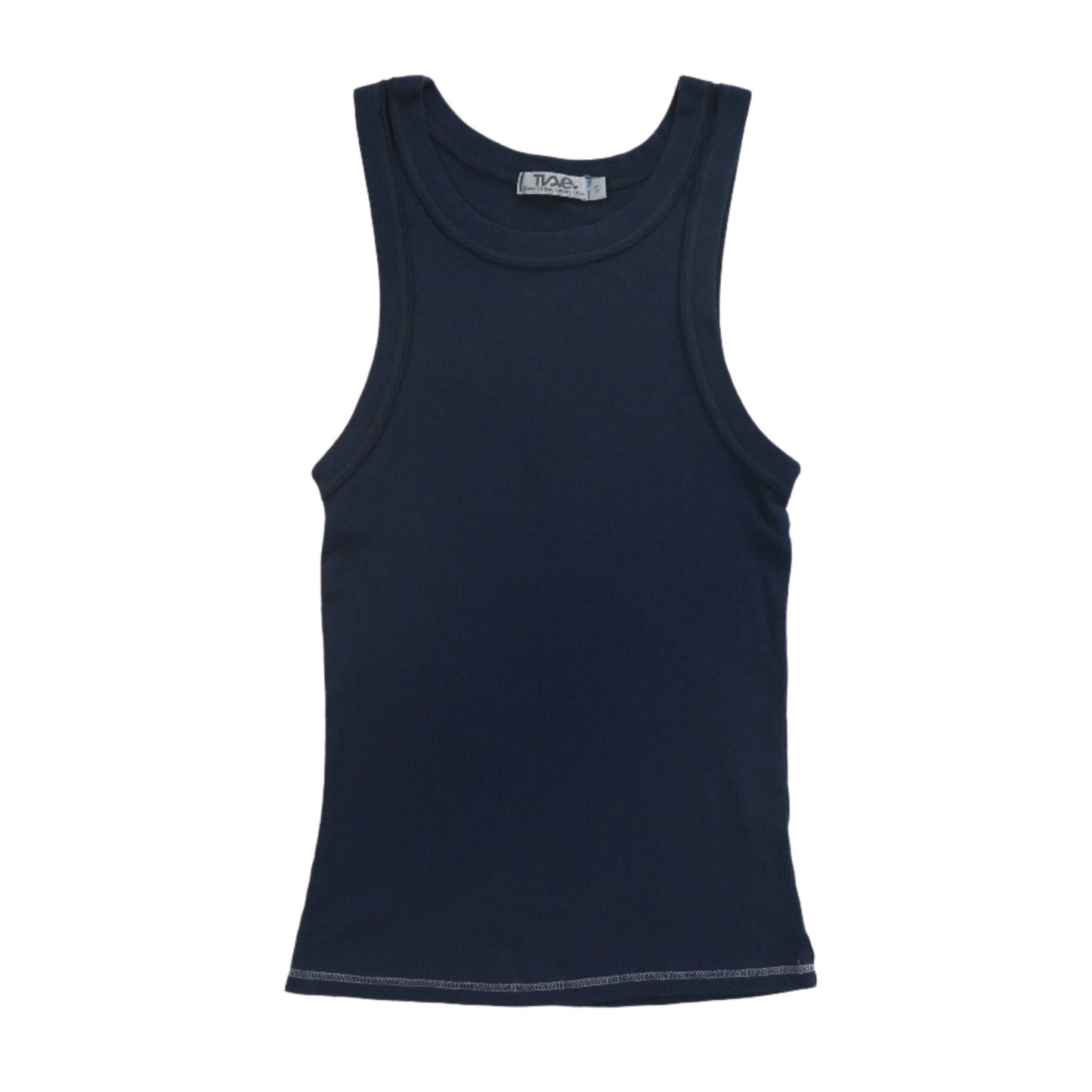 women's dark blue close-fitting tank with reinforced hemming around the large armholes and neckline