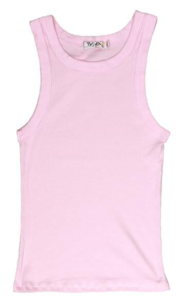 women's pale pink close-fitting tank with reinforced hemming around the large armholes and neckline