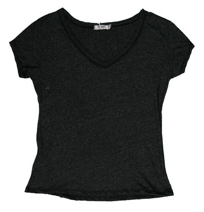 women's horizontal-textured black looser-fitting angled short sleeve shirt with v-neckline