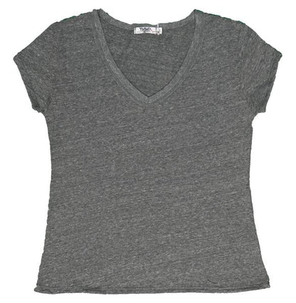 women's horizontal-textured gray looser-fitting angled short sleeve shirt with v-neckline