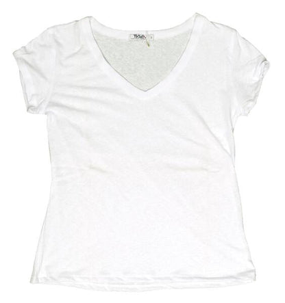 women's horizontal-textured white looser-fitting angled short sleeve shirt with v-neckline