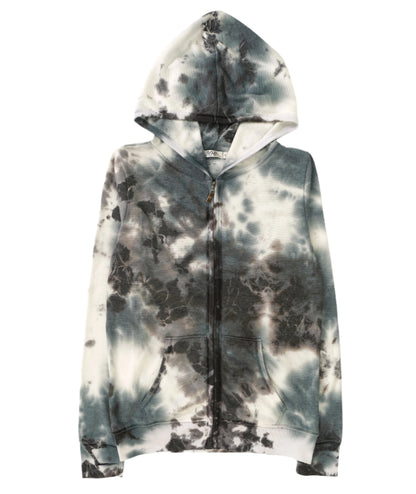 women's black and cyan tie-dye splotches on white jacket with hood and front pockets with full-length zipper and elastic cuffs and trimming on bottom hem and along the zipper and hood, with thumbholes on the cuffs