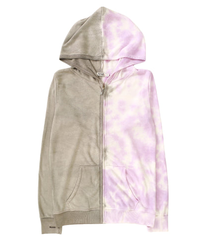 women's gray on right side and lilac tie-dye splotches on left side jacket with hood and front pockets with full-length zipper and elastic cuffs and trimming on bottom hem and along the zipper and hood, with thumbholes on the cuffs