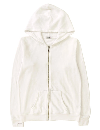 women's white jacket with hood and front pockets with full-length zipper and elastic cuffs and trimming on bottom hem and along the zipper and hood, with thumbholes on the cuffs