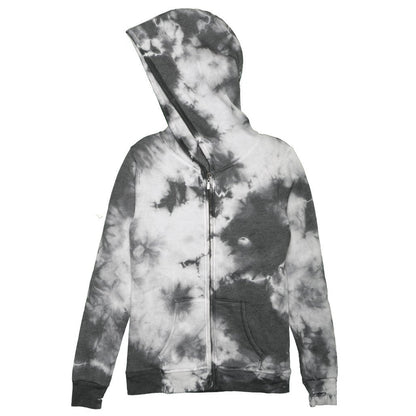 women's black tie-dye splotches on white jacket with hood and front pockets with full-length zipper and elastic cuffs and trimming on bottom hem and along the zipper and hood, with thumbholes on the cuffs