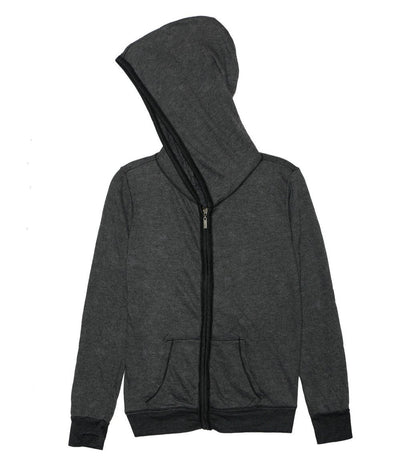women's heather-black jacket with hood and front pockets with full-length zipper and darker black elastic cuffs and trimming on bottom hem, with darker black trimming along the zipper and hood, with thumbholes on the cuffs