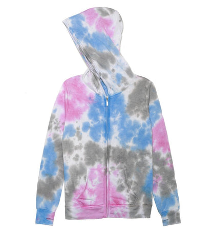 women's pink, blue, and gray tie-dye splotches on white fabric jacket with hood and front pockets with full-length zipper and elastic cuffs and trimming on bottom hem, with trim along the zipper and hood, with thumbholes on the cuffs