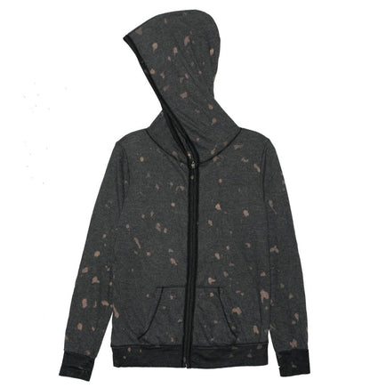 women's muted-orange spotted tie-dye on black fabric jacket with hood and front pockets with full-length zipper and elastic cuffs and trimming on bottom hem, with trim along the zipper and hood, with thumbholes on the cuffs