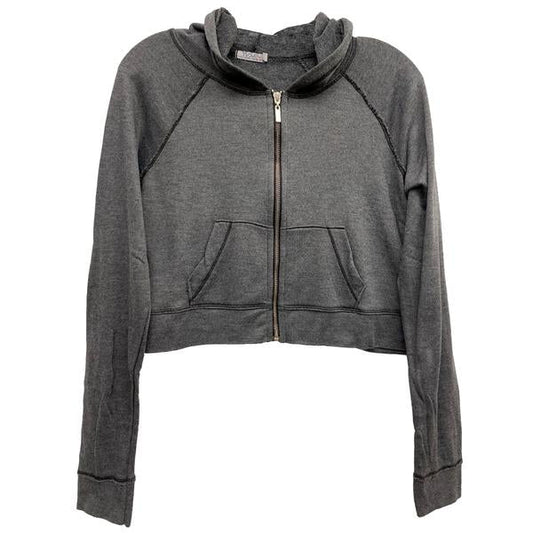 women's heather-black jacket with hood and front pockets with full-length zipper and elastic cuffs and trimming on bottom hem, with cropped torso and thumbholes on the cuffs