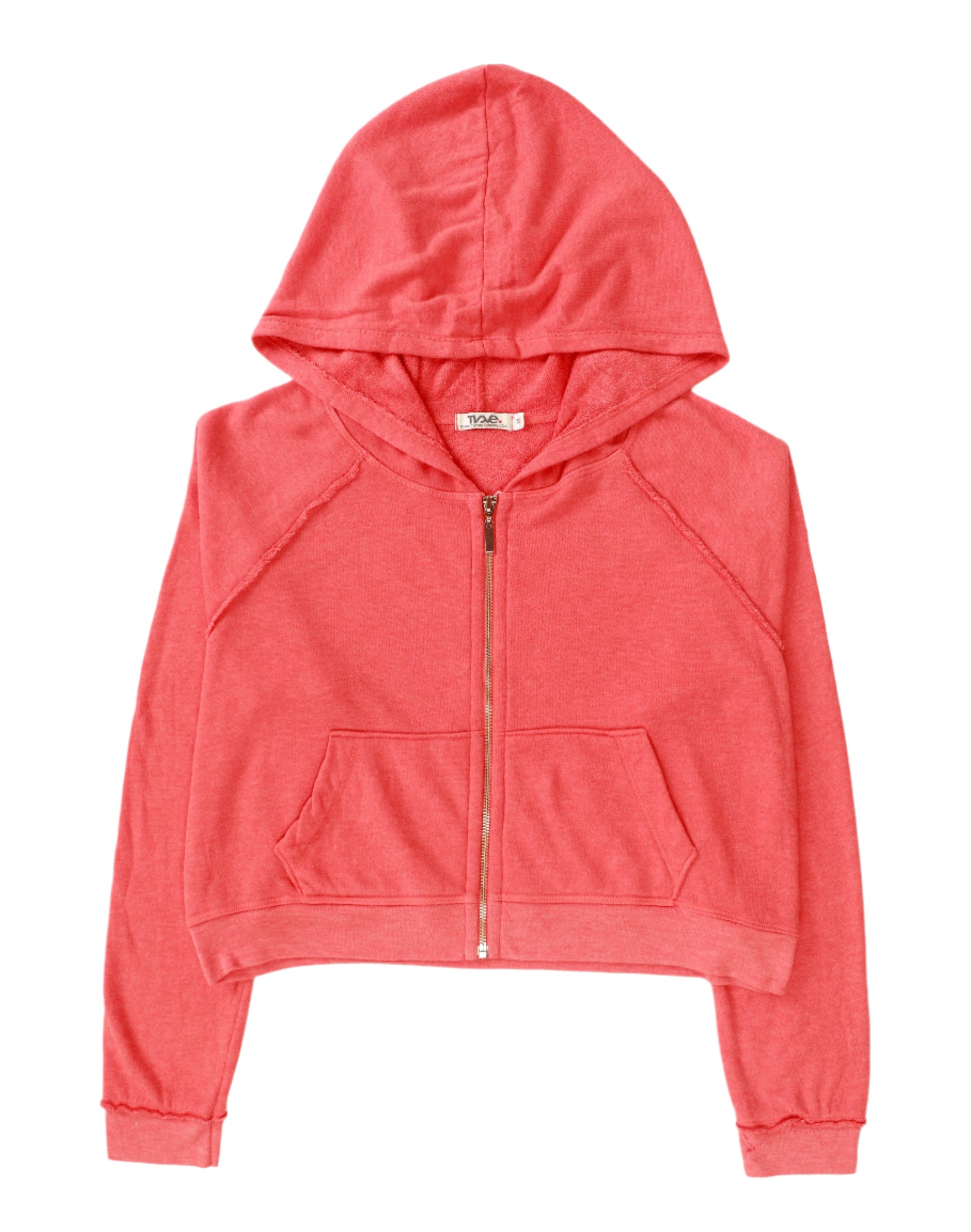 women's coral jacket with hood and front pockets with full-length zipper and elastic cuffs and trimming on bottom hem, with cropped torso and thumbholes on the cuffs