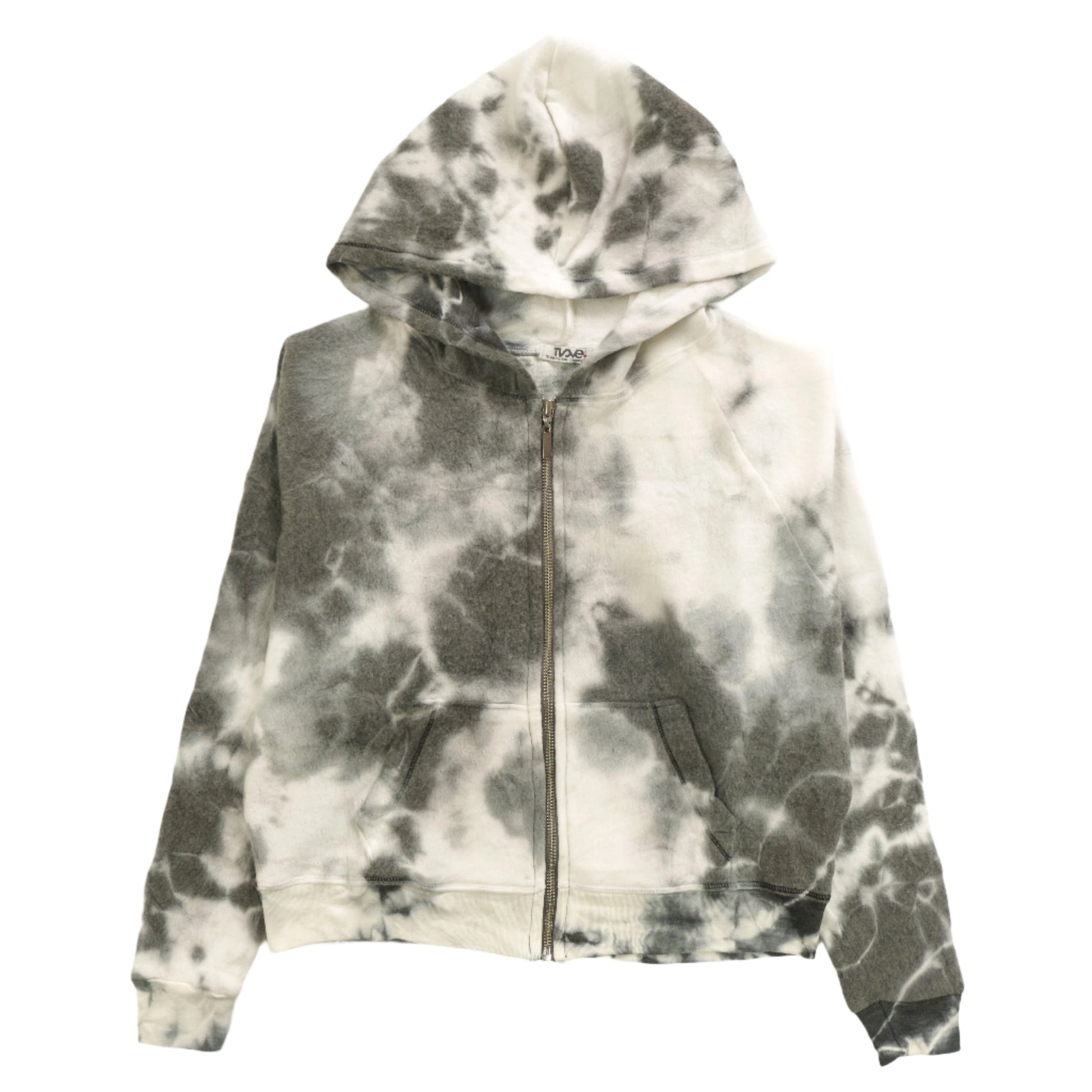 women's black tie-dye splotches on white reversed fabric jacket with hood and front pockets with full-length zipper and elastic cuffs and trimming on bottom hem, with cropped torso and thumbholes on the cuffs