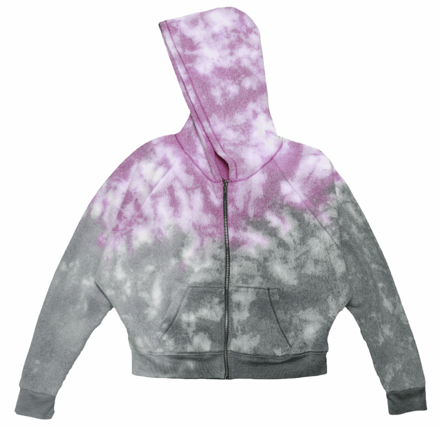 women's magenta, gray, and black tie-dye splotches on white reversed fabric jacket with hood and front pockets with full-length zipper and elastic cuffs and trimming on bottom hem, with cropped torso and thumbholes on the cuffs