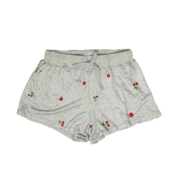 women's light-gray with single- and double-cherries spaced out and randomly distributed throughout the fabric wide-legged shorts with raw hemming at pant leg ends, and thick waistband with the drawstring at the front tied into a bow