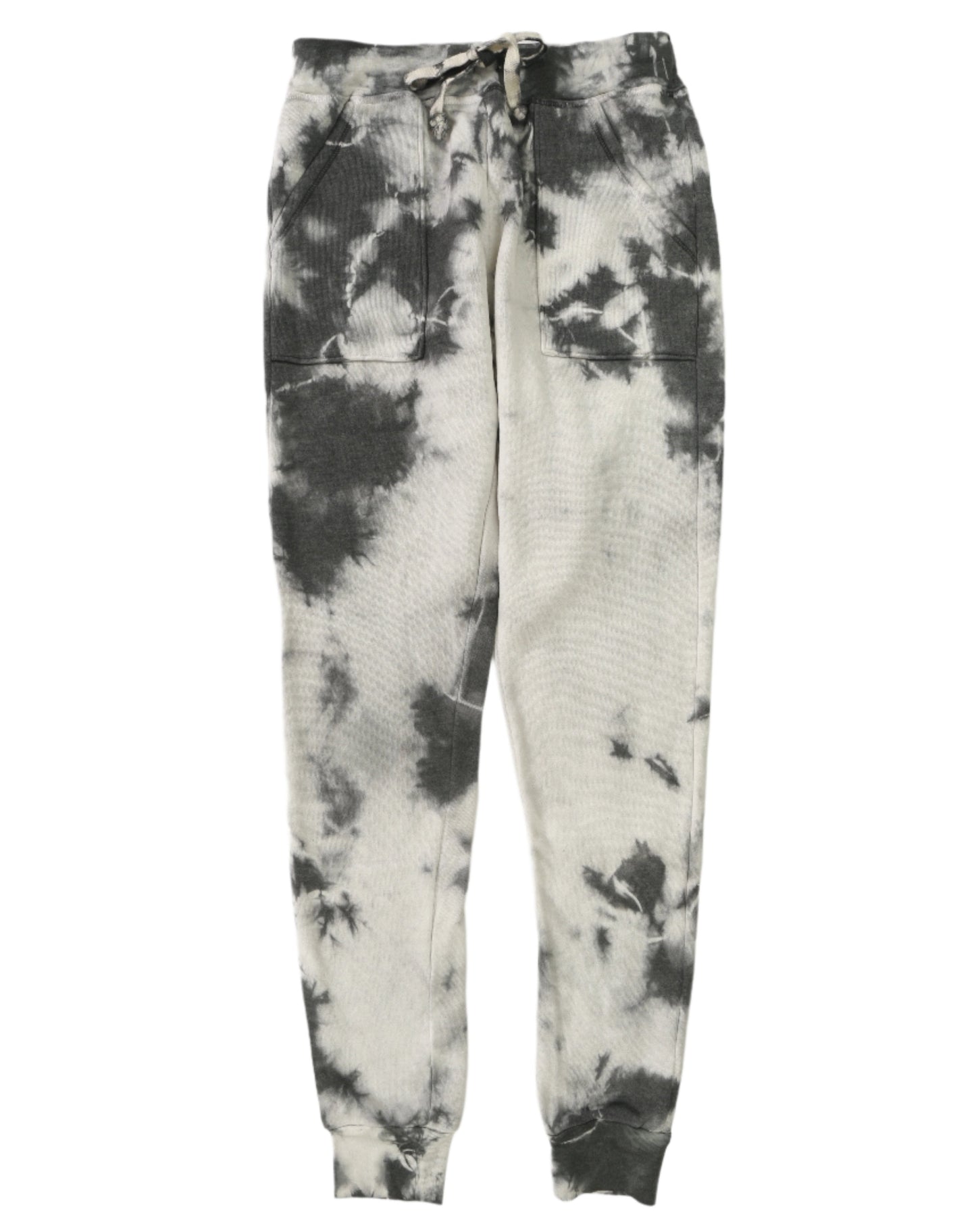 women's black tie-dye splotches on white fabricsweatpants with elasticized cuffs and waistband with drawstring tied in a bow and two front pockets sewn on front